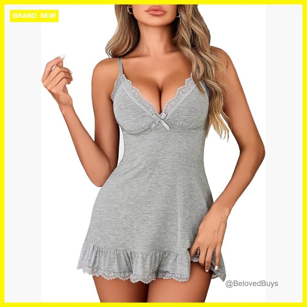 X-Small Modal Chemise Nightgown with Lace Trim Flowy Skirt